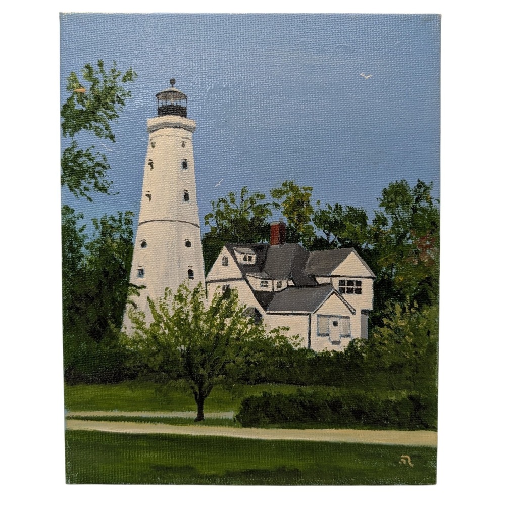 Original Oil Painting North Point Lighthouse Wisconsin 2008 Signed Robert Lantz